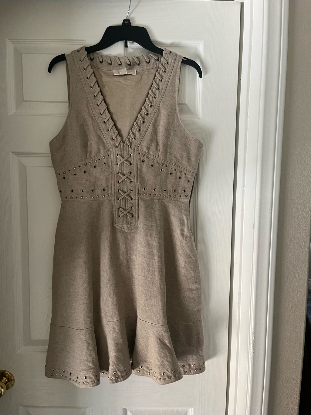 Michael Kors Taupe Lace-Up V-Neck Mini Dress